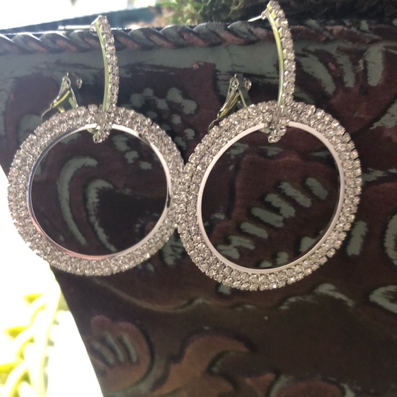 Rhinestone geometric circle round leverback dangle earrings - Picture 4 of 9